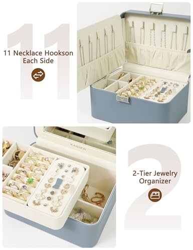 KAMIER Jewelry Organizer Box, 2 Layers PU Leather, Large Capacity, Double Lock and Large Mirror, Hidden Necklace Hooks, Removable Dividers, Gift Box Packaging,Bluish Grey - color: Bluish Grey, size: mirror