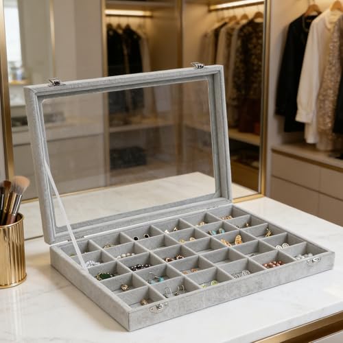 Wudygirl 30 Grid Jewelry Organizer Velvet Jewelry Box Jewelry Tray with Clear Lid Storage Case Showcase Display Stackable Removable (30 Grid) - color: Gray, size: 30 Grid