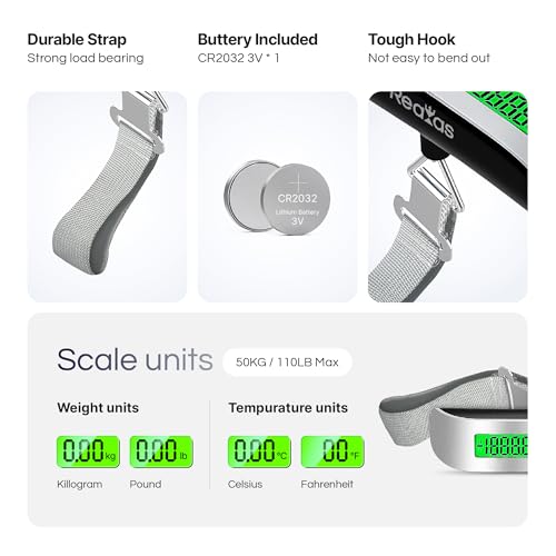Digital Luggage Scale 110 lb / 50 kg, Portable Suitcase Weight Scale with Backlit LCD Display, 4 Units, Heavy-Duty Strap Hook, Compact Travel Scale, Included 150cm Soft Measuring Tape & Battery