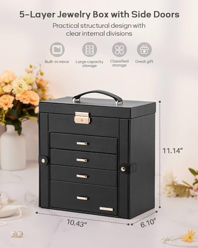 Homde Synthetic Leather Huge Jewelry Box Mirrored Watch Organizer Necklace Ring Earring Storage Lockable Gift Case (Black + Gold) - color: Black + Gold