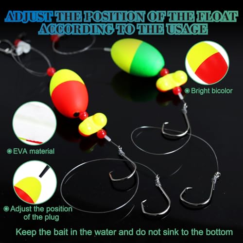Fish Finder Rigs - 6 Pack (Size 6/0 or 8/0) with 33LB Fluorocarbon Leader - Pre-Assembled Surf Fishing Rigs with High-Carbon Steel Hooks & Oversized Float for Saltwater Ocean Fishing - size: 8/0 Double Hook-6pcs
