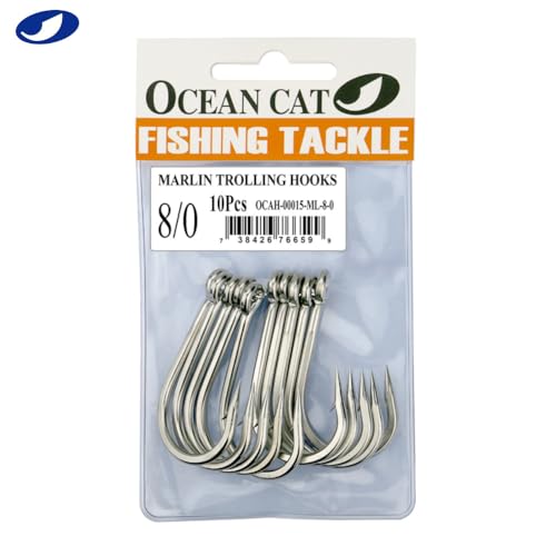 OCEAN CAT Classic Fishing Hook Stainless Steel Barbed Offset Point Octopus Circle Fishing Hooks Trolling Hooks Fishing Tackle for Saltwater and Freshwater Fishing - size: 8/0