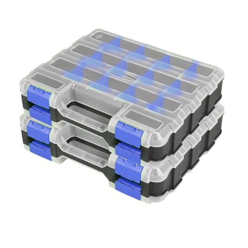 AIDY-PRO Hardware Organizer Box 34 Compartments Small Parts Organizer with Removable Dividers Durable Plastic Double Side Tools Box Screw Organizers For Nuts, Bolts, Screws, Nails 2Pack - color: Blue, size: 2 PACK