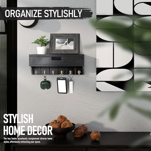 Rebee Vision Decorative Pine Wood Key Holder Wall Mount with Drawer Organizer – Modern Mail Organizer with 6 Key Hooks and Storage Drawer – Home Decor for Apartment Essentials (Black) - color: Black, style: 1-Drawer
