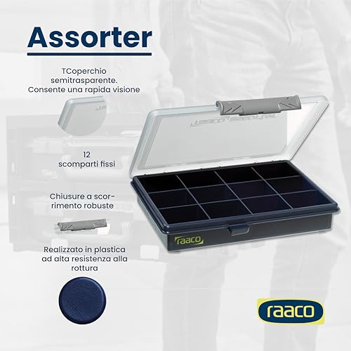 Raaco Assorter Tool Box Organizer – Compact – 12 Slots Fixed Grid with Semi-Transparent Lid, Polypropylene (PP) Storage Box for Screws, Nuts and Bolts, Small Parts & Hardware (Assorter 6-12) - size: Compact –12 Slots, style: Fixed Grid
