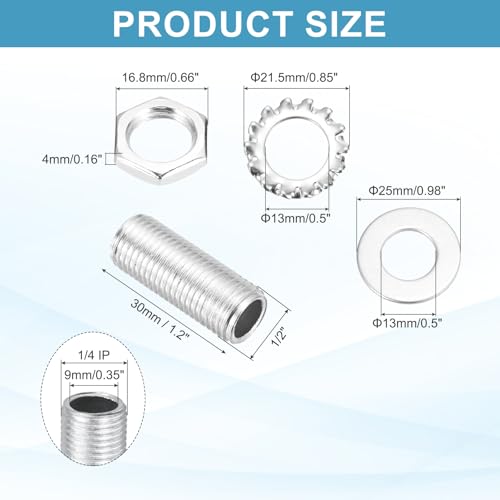 MECCANIXITY 35Pcs 1.2" Lamp Pipe Nipples Kit with Hex Nuts Washers, 1/4IP All Threaded 1/2" Outer Diameter Lamp Rod Hollow Tube Fasteners for Lamp Assembly Chandelier DIY Repair, Silver - size: 1.2"x1/4IP