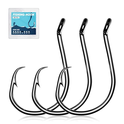 100Pcs Circle Fishing Hooks, Carbon Steel Hooks for Saltwater Freshwater, Salt Water Fish Hooks for Trout Catfish Octopus - size: 1#