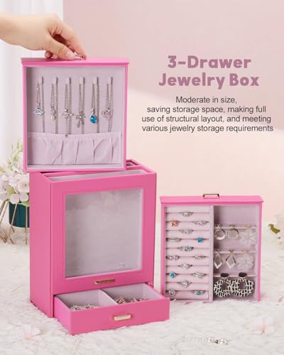 Homde Mothers Day Gifts Jewelry Organizer Girls Women Jewelry Box for Necklaces Rings Earrings Gift Bracelets Storage Case(Pink + Gold) - color: Pink + Gold