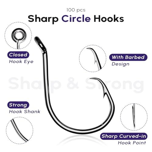 100Pcs Circle Fishing Hooks, Carbon Steel Hooks for Saltwater Freshwater, Salt Water Fish Hooks for Trout Catfish Octopus - size: 1/0