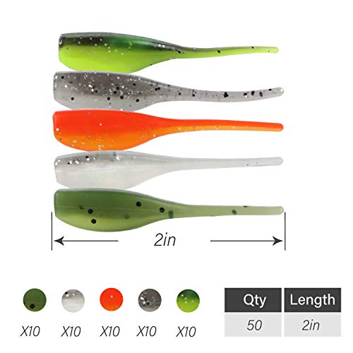 RUNCL Anchor Box - Paddle Tail Swimbaits, Soft Jerk Baits, 20/40/50/60pcs Soft Fishing Lures, Curved Tail Grubs - 3D Lifelike Eyes, Split/Boot/Curved/Straight/Thin Tail - 1/2/3/4/5in, Proven Colors - color: S - Thin Tail (2in, 50pcs)