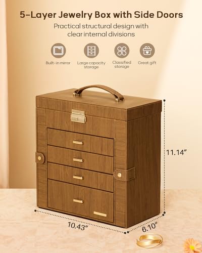 Homde Synthetic Leather Huge Jewelry Box Mirrored Watch Organizer Necklace Ring Earring Storage Lockable Gift Case (Brown + Gold) - color: Brown + Gold