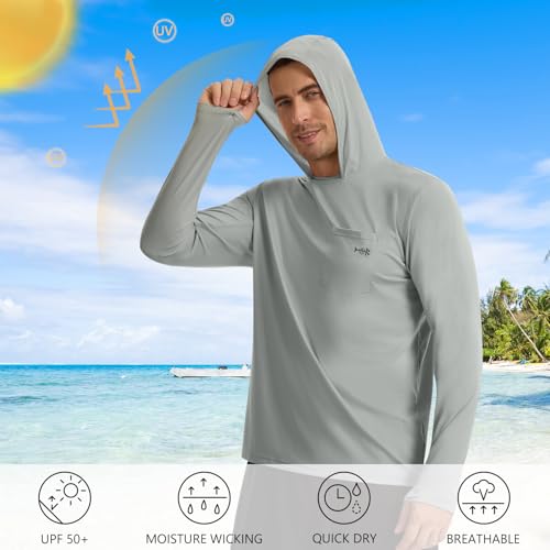 BASSDASH Men’s UPF 50+ Fishing Hoodie Shirts with Chest Pocket Lightweight UV Sun Protection Long Sleeve Hiking Sports FS34M - color: Ash Grey, size: XX-Large