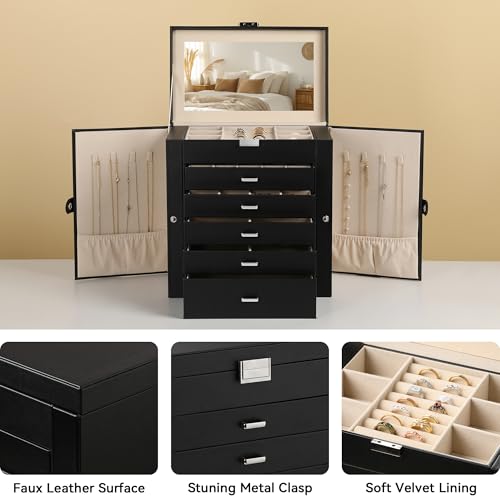 Frebeauty Large Jewelry Box,6-Tier PU Leather Jewelry Organizer,Multi-functional Storage Case with Mirror,Accessories Holder with 5 Drawers for Necklace Bracelets Watches(Black) - color: Black, size: Large