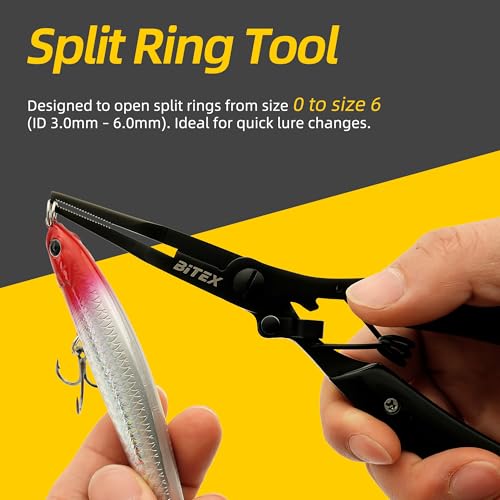 BiteX Saltwater Fishing Pliers with Split Ring Tip and Braid Cutter | Titanium-Coated Stainless Steel, Braid Line Cutter, Hook Remover & Knot Tying Tool, One-Hand Operation, Lanyard & Sheath