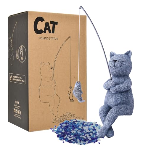 Goodeco Fishing Cat Garden Statue – 10" Little Cat Fisher for Garden Pond Decor, Poolside Statue with Glow in Dark Pebbles Included,Great Gifts for Mom, Women & Birthdays (Cat) - color: Grey Cat
