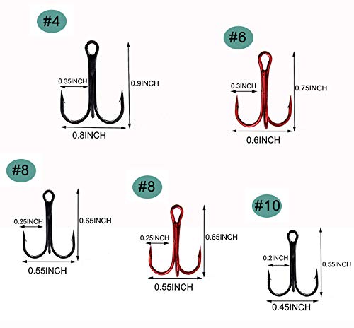 Fishing Treble Hooks Kit for Saltwater Freshwater, High Carbon Steel Barbed Treble Hooks Strong Sharp Round Bend Triple Fishing Hooks for Catfish Bass Trout Hard Baits Lures