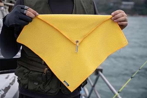 Microfiber Fishing Towels with Clip, Waffle Pattern for Effective Cleaning of Fishing Gears or Dirty Hands, 16” x 16”, Camping Towels, Hiking Towels, Pack of 3 (Yellow) - color: Yellow