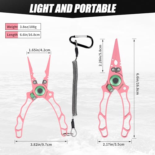 Fishing Pliers with Innovative Ergonomical Handle, Corrosion Saltwater Resistant,Fishing Multitool Hook Remover Braided Fishing Line Cutting, Split Ring with Coiled Lanyard and Sheath - color: Pink-6.6"