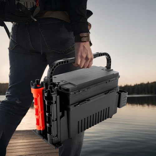 2 Tier Fishing Tackle Box Fishing Rod Reel Box with Cup & Rod Holder Fishing Gear Carry On Case Adjustable Fishing Organizer Case Large Capacity Fishing Accessories