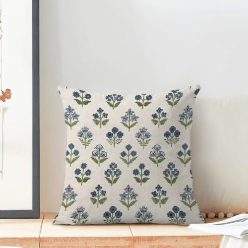 AEIOAE Blue Green Block Print Pillow Covers 18 X 18 Inch Set of 2, Floral Decorative Throw Pillow Covers Linen Outdoor Farmhouse Pillowcase Cushion Case for Home Sofa Decor - color: Floral3, size: 18" x 18" (Pack of 1)