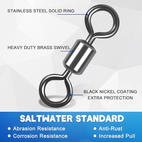 Rolling Barrel Fishing Swivel,120pcs Stainless Steel Black Nickel Fishing Line Connector Swivels Fishing Tackle for Saltwater 30LB to 335LB - size: 120pcs 6#-62lb