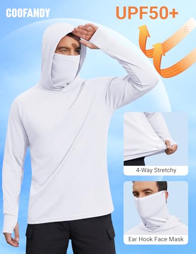 COOFANDY Mens UPF 50+ Sun Protection Hoodie with Mask Lightweight Long Sleeve SPF Fishing Shirts UV Hiking Running Rash Guard - color: White, size: X-Large