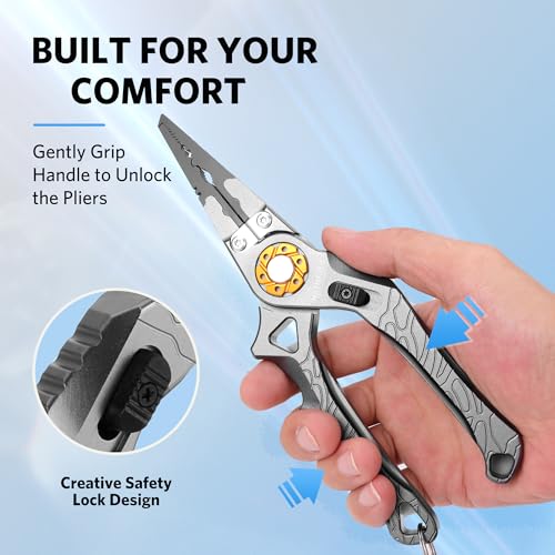 Saltwater Fishing Pliers, Split Ring Pliers for Fishing with Safety Lock, Fish Pliers with Sheath and Lanyard, Fishing Gifts for Men - color: D-gray
