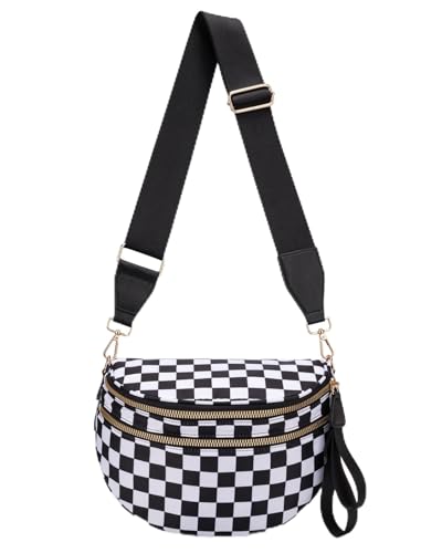 Pure Colour Crossbody Bum Bags for Women Spacious Checkered Cross body Bag Nylon Trendy Fanny Pack for Travel - color: Black and White Checkered