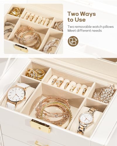 Homde Synthetic Leather Huge Jewelry Box Mirrored Watch Organizer Necklace Ring Earring Storage Lockable Gift Case (White + Gold) - color: White + Gold