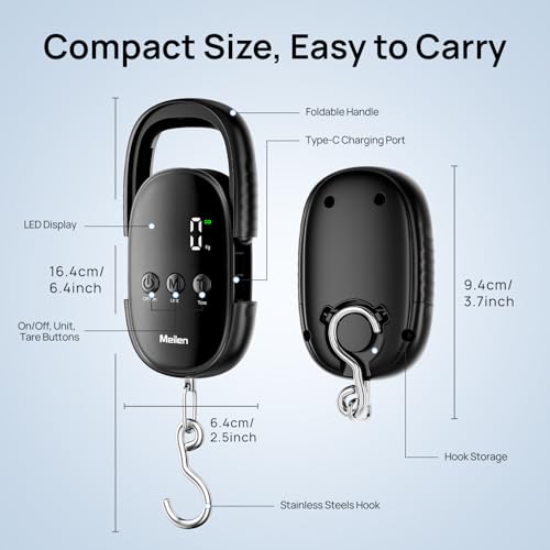 Meilen Luggage Weight Scale, 110LB/50KG Digital Fishing Scale with Portable Hanging, Suitcase Baggage Scale with Hook, Type-C Charging, LED Screen, Black (1)