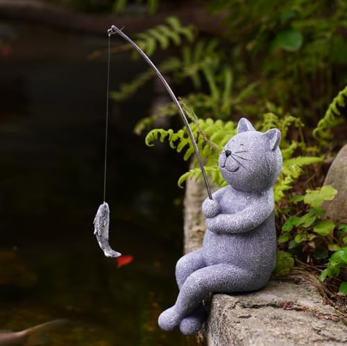 Goodeco Fishing Cat Garden Statue – 10" Little Cat Fisher for Garden Pond Decor, Poolside Statue with Glow in Dark Pebbles Included,Great Gifts for Mom, Women & Birthdays (Cat) - color: Grey Cat