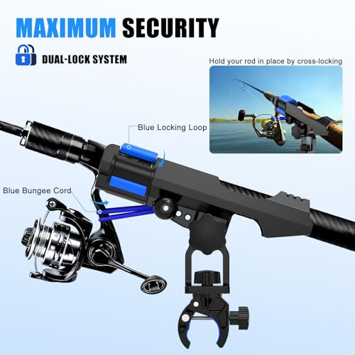 VEXPLO Fishing Rod Holder for Boat, Clamp on Fishing Pole Holders for Boats Fit Round Tube, Secure Rod Holders with Protective Bungee Cords and Sliding Loop for Anglers Gift