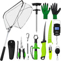 RoundFunny 10 Pcs Fishing Tool Kit, Fishing Pliers with Lanyard and Protective Sheaths, Landing Net, Fillet Knife, Fish Scale, Gripper, Hook Remover, Braid Scissors, Gloves for Men Dad Gift - color: Green