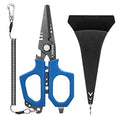 SAMSFX 6.5" Pro Fishing Shears Dual Serrated Blades, Fishing Braided Line Scissors with Titanium Coating, Non-Slip Grip & Multifunction Tool, Includes Hard Molded Locking Sheath & Coiled Lanyard - color: A: Blue Kraton Handle, Hard Sheath