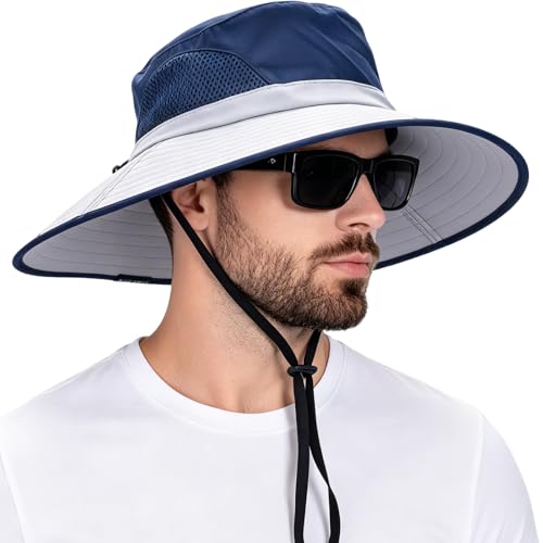 Wide Brim Sun Bucket Hat, Waterproof Boonie Hat for Men & Women | UPF 50+ UV Protection, Adjustable Fit, Chin Strap & Sweatband, Foldable Durable for Fishing Hiking Garden Beach - color: 02 Light Grey+navy Blue