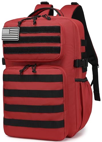 Wotony Military Tactical Backpack for Men Waterproof Daypack 3 Day Assault Pack Molle Bag with Water Bottle Holder - color: Red, size: 25L
