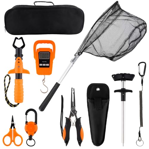 Hikary 10 Pcs Fishing Tool Kit,Folding Fishing Net Set with Storang Bag,Pliers with Lanyard and Protective Sheaths,Hook Remover,Fish Gripper,Fish Scale,Scissors for Fisherman Travel Gifts - color: Orange