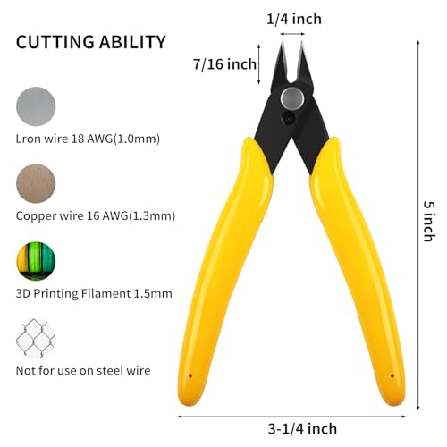 HongWay 5pcs Micro Flush Cutters, Wire Cutter with Internal Spring, Diagonal Cutters for Electronics, Heating Wire, Model Sprue, Soft Copper Wire Snips, 5 Inches, Yellow - color: Yellow