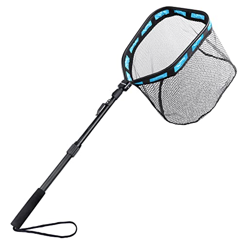 PLUSINNO Floating Fishing Net for Steelhead, Salmon, Fly, Kayak, Catfish, Bass, Trout Fishing, Rubber Coated Foldable Landing Net with Fixed or Telescoping Pole Handle, Fishing Gear and Gifts for Men - color: 19.7"/50cm Hoop Size length 1.35M Blue (Telesc