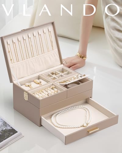 VLANDO 3 Layer Jewelry Box - Women Jewelry Box with Retractable Tray - Jewelry Organizers with Drawer for Necklaces, Rings, Bracelets, Earrings, Gift for Couples Mom Girls - Toffee - color: E.Toffee, size: 3-Layer