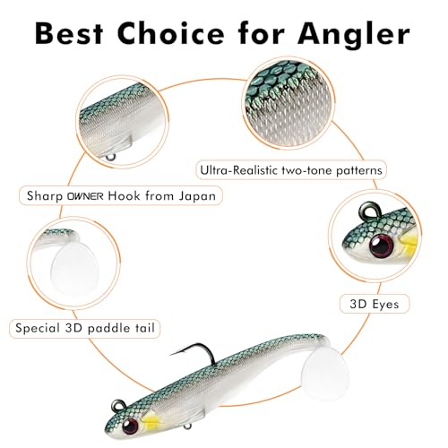 TRUSCEND Shadtale Easy Catch Soft Fishing Lures with BKK Hooks - Trembly Sinking and Vibrating Swim for More Bites, Pre-Rigged Swimbaits for Bass, Trout, Crappie, Walleye, Freshwater Saltwater Fishing - color: 5",1.2oz