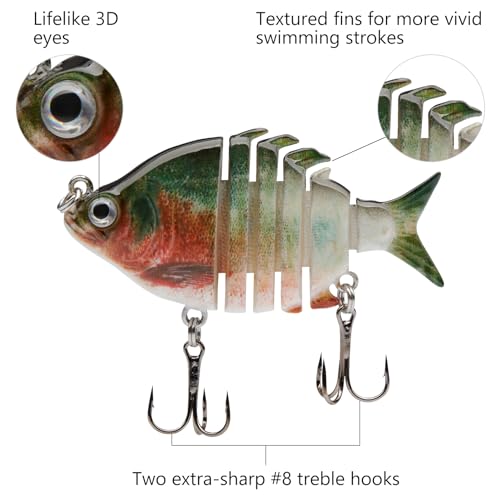 Bassdash SwimPanfish 2.5”/0.34oz Hard Bluegill Swimbaits Multi Jointed Topwater Trout Bass Fishing Crank Lure,Pack of 4 - color: RBOB