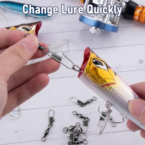 Alwonder 100-Pack Fishing Snap Swivels, Barrel Swivels Fishing Tackle with Snaps Freshwater, Stainless Steel Safty Interlock Snap Swivel Black Nickel Coated Lure Hook Connector Quick Change Clips - size: #6-40LB-1.73"