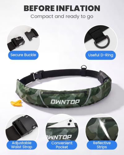 Owntop Manual Inflatable Belt Pack, Adults Swim Jacket with Blowpipe & Whistle, 24g CO2 Cylinder Included, Low Profile for Kayaking, Fishing, Paddle Sports - color: Camo Green, size: One Size