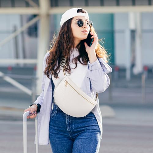 Woven Crossbody Bags for Women Leather Belt Bum Sling Purse Fanny Waist Pack Chest Shoulder Bag for Women-Cream - color: Cream
