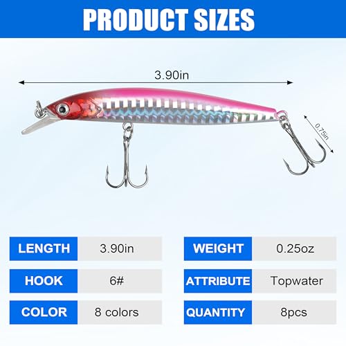 Suspending Jerkbait Fishing Lures, Minnow Lures Jerk Bait Bass Fishing Bait with Treble Hook Artificial Floating Jerkbait for Bass Trout Pike Walleye Freshwater Saltwater - color: Type B:8pcs-3.9in/0.25oz