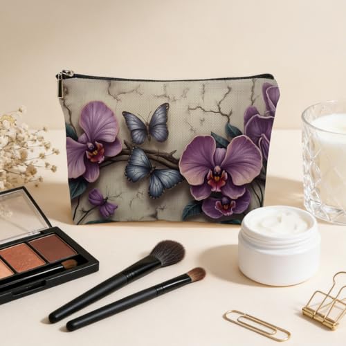 JIUWEIHU Purple Orchid Makeup Bag, Butterfly Cosmetic Bags Travel Organizer Bag Zipper Pouch, Christmas Birthday Gifts for Women Sister Mom Friend, Purple Flower Gifts - color: Multicolor 0057