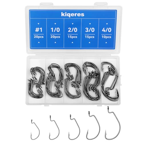 80PCS High Carbon Steel Bass Fishing Hooks, Weedless Worm Hooks, Wide Gap Hook, Gear for Catfish, Trout, Bass, Octopus, Freshwater & Saltwater Fishing Kit #1 1/0 2/0 3/0 4/0