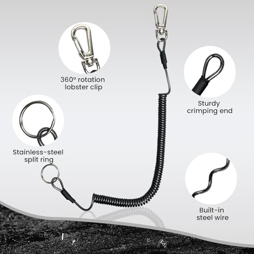 Pristis 6 pcs Fishing Coiled Lanyards, Heavy-duty Retractable Keychain Pole Tether, Safety Leash Steel Wire & Carabiner Clip - color: Black