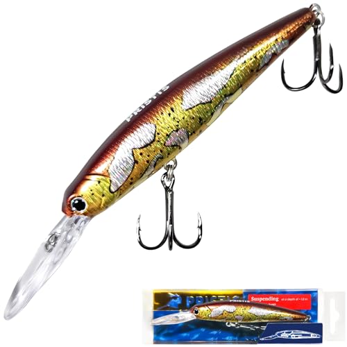 Pristis Minnow Fishing Lure, Long Casting Crankbait with Sharp Treble Hooks, Saltwater Freshwater Hard Bait Plug Set Tackle Kit with Precise Weight & Exquisite Coating for Crappie Bass Pike - color: Suspending-Amber Lustre